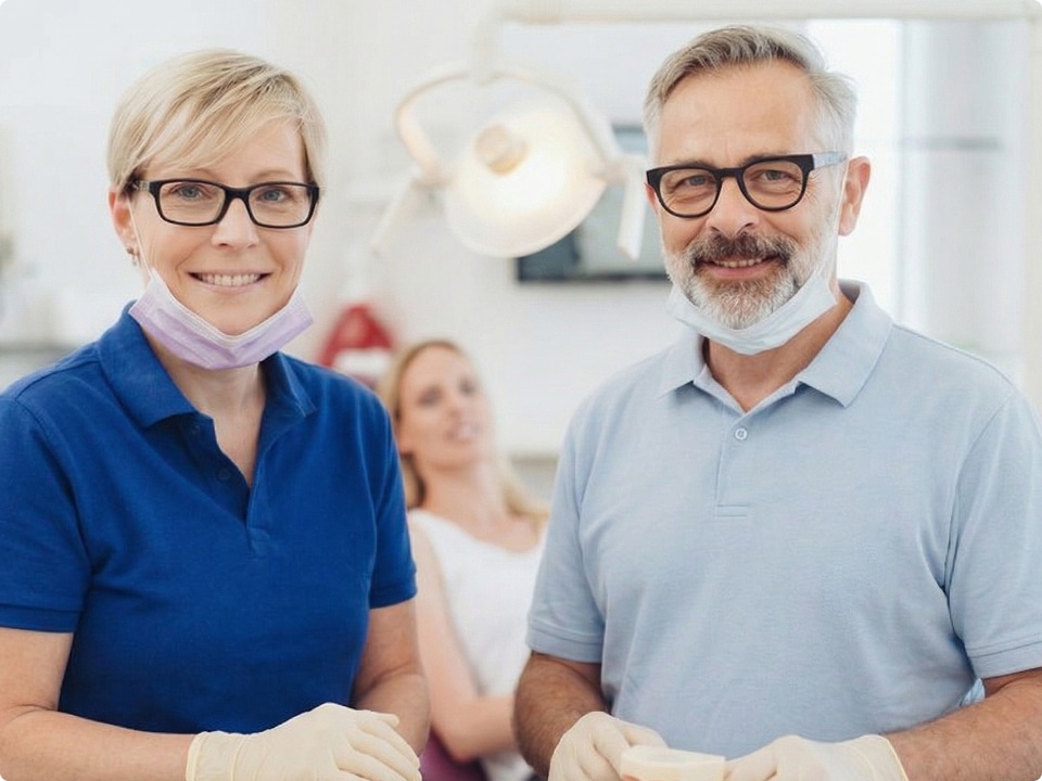 Zahnärzte lächeln in Praxis. Dentago bietet Consulting für Zahnarzt-Praxen zur Steigerung des kommerziellen Erfolgs.